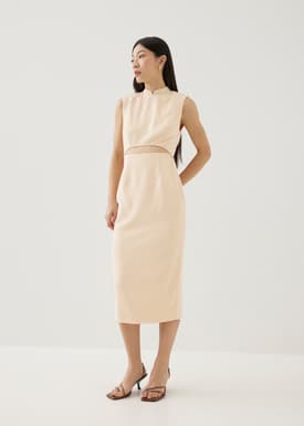 Agnes Shoulder Padded Tweed Mandarin Collar Midi Dress