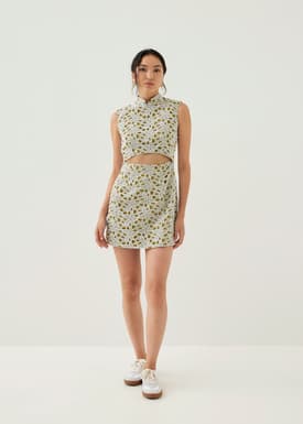 Llana Shoulder Padded Mandarin Collar Mini Dress