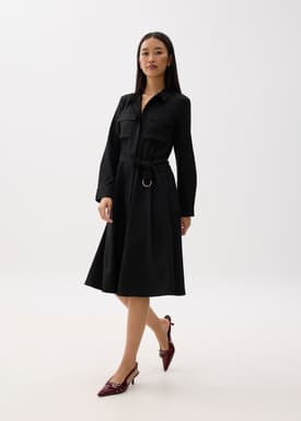 Belted Collared Long Sleeve Midi Dress