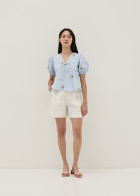 Calliope Embroidered Puff Sleeve Cotton Blouse