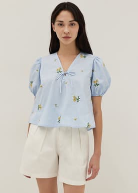 Calliope Embroidered Puff Sleeve Cotton Blouse