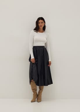 Vegan Leather Pleated Midi Skirt