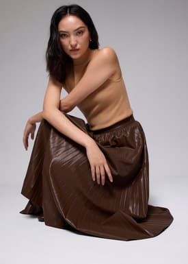 Vegan Leather Pleated Midi Skirt
