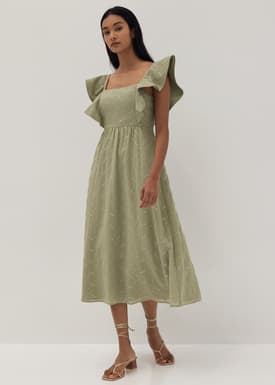 Mae Padded Embroidered Ruffle Sleeve Dress