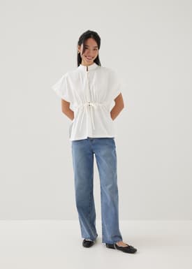 Lienne Elastic Poplin Mandarin Collar Shirt