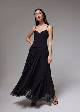 Pleated V-neck Fit & Flare Maxi Dress