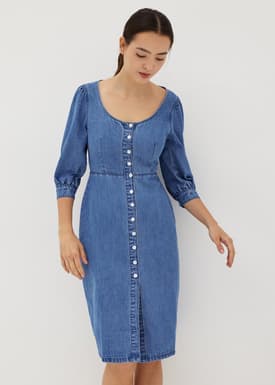 Donna Denim Puff Sleeve Button Dress