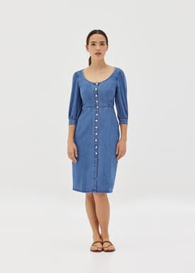 Donna Denim Puff Sleeve Button Dress