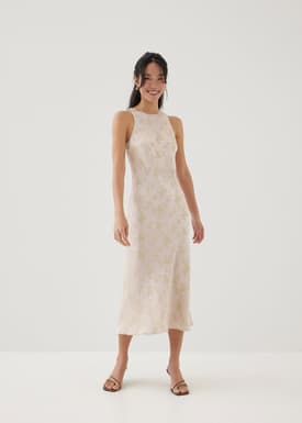 Ila Satin Bias Cut Midi Dress in Opulent Florals