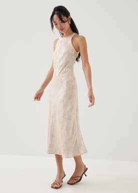 Ila Satin Bias Cut Midi Dress in Opulent Florals