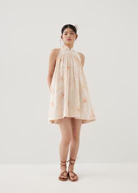 Martina Embroidered Mandarin Collar Mini Dress in Rekindled Blooms
