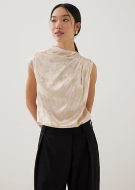 Lanna Asymmetric Satin Drape Top in Opulent Florals
