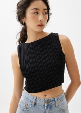Dez Pleated Boat Neck Crop Top