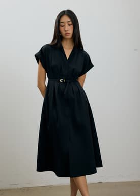 Zhu Belted V-neck Fit and Flare Midi Dress