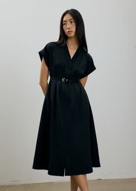 Zhu Belted V-neck Fit and Flare Midi Dress
