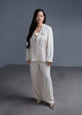 Love Bonito x AAGC Limited-edition RuchedReady® Moira Belted Collarless Blazer (in Tofu)
