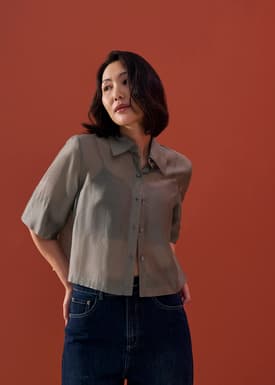 Sheer Boxy Button Down Crop Shirt