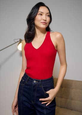 Ribbed Knit V-neck Fitted Tank Top