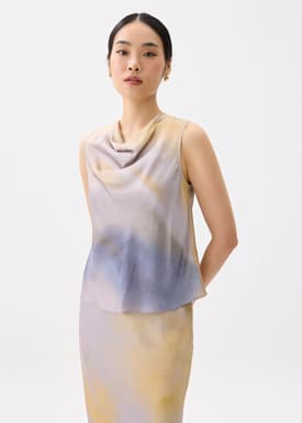 Abstract Satin Cowl Neck Shell Top