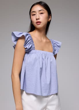 Elastic Straight Neck Ruffle Sleeve Top