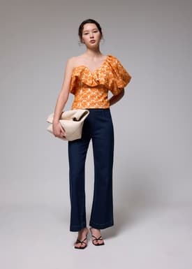Padded Lace Asymmetric Puff Sleeve Top