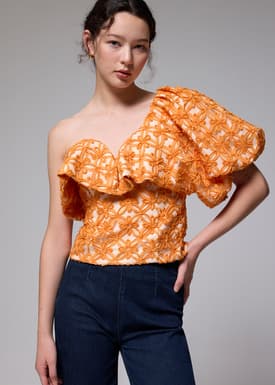 Padded Lace Asymmetric Puff Sleeve Top