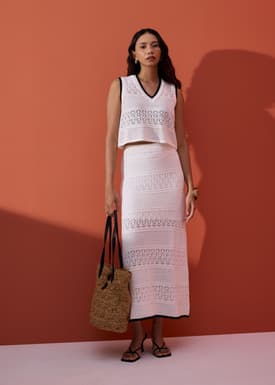 Pointelle Contrast Knit High Waist Column Midaxi Skirt