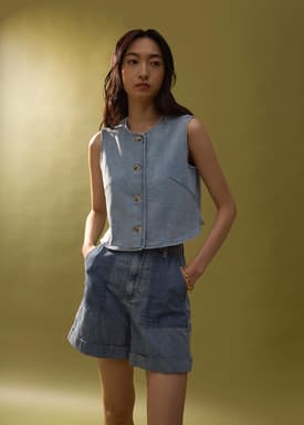 Relaxed Denim Round Neck Button Down Vest Top