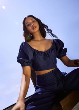 Chambray Puff Sleeve Crop Top