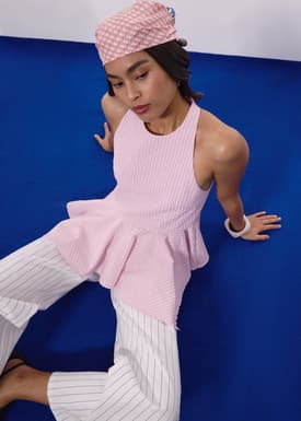 Pinstripe Seersucker Halter Peplum Top