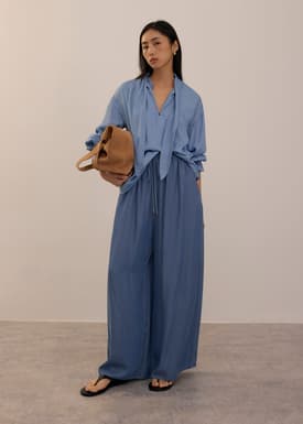Elastic Chambray Wide Leg Pants