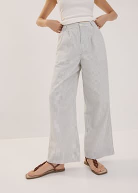 Striped Linen Wide Leg Pants in White