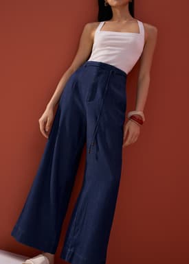 Detachable Sash Chambray Straight Leg Ankle Length Pants