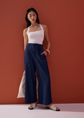 Detachable Sash Chambray Straight Leg Ankle Length Pants