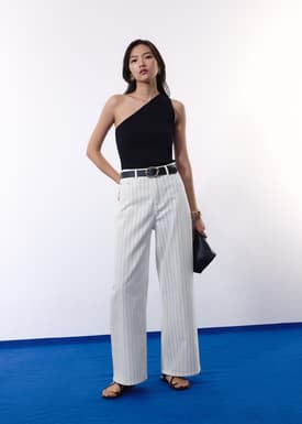 Pinstripe Cotton Twill 5-Pocket High Rise Straight Leg Pants