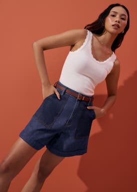 Denim High Waist A-line Cuffed Shorts