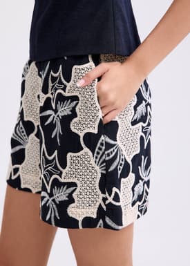 High Waist A-line Tailored Shorts in Midnight Blooms Broderie