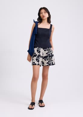 High Waist A-line Tailored Shorts in Midnight Blooms Broderie