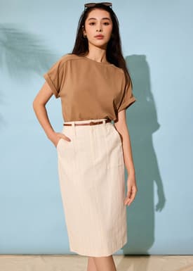 Striped Linen High Waist Column Midi Skirt
