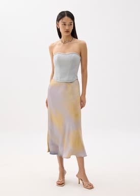 Elastic Abstract Satin Bias Cut Midaxi Skirt