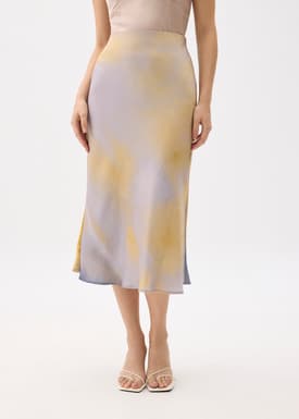Elastic Abstract Satin Bias Cut Midaxi Skirt