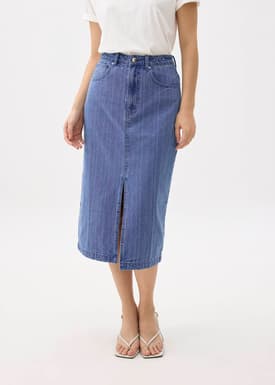 Striped Denim Column Midaxi Skirt