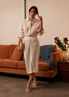 High Waist Tweed Column Midi Skirt