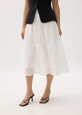 High Waist Crinkled Tiered Flare Midi Skirt