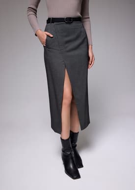 Pinstripe Front Slit Column Midi Skirt