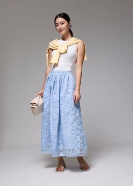 Elastic Jacquard High Waist Flare Maxi Skirt