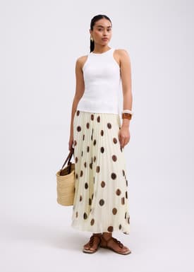 Plisse High Waist Flare Midaxi Skirt in Brushed Dots