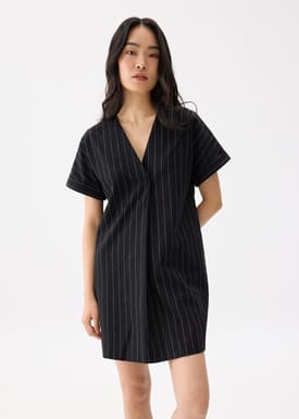 Linen Striped V-neck Shift Mini Dress