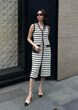 Striped Knit V-neck Column Midi Dress