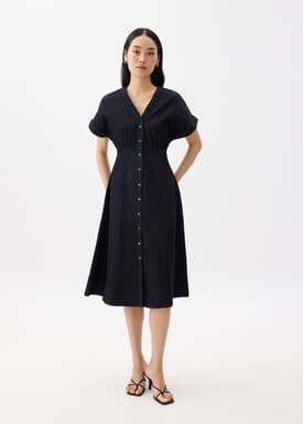Denim V-neck Fit & Flare Midi Dress